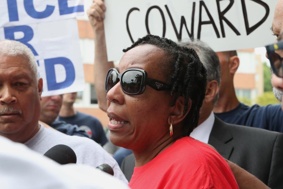 Jared Lloyd's mother, Sabrail Davenport speaks outside the Rockland County Court June 20, 2023. Rabbis Nathaniel Sommer and son Aaron accepted a plea deal in the death of Spring Valley firefighter Jared Lloyd and facility resident Oliver Hueston, who were killed in a fire at the Evergreen Court nursing home. 