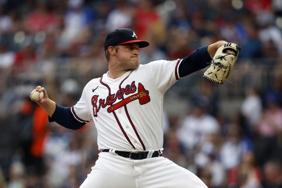Atlanta Braves starting pitcher Bryce Elder pitches during the first inning of a baseball game against the New York Mets, Tuesday, Aug. 22, 2023, in Atlanta. (AP Photo/Butch Dill)