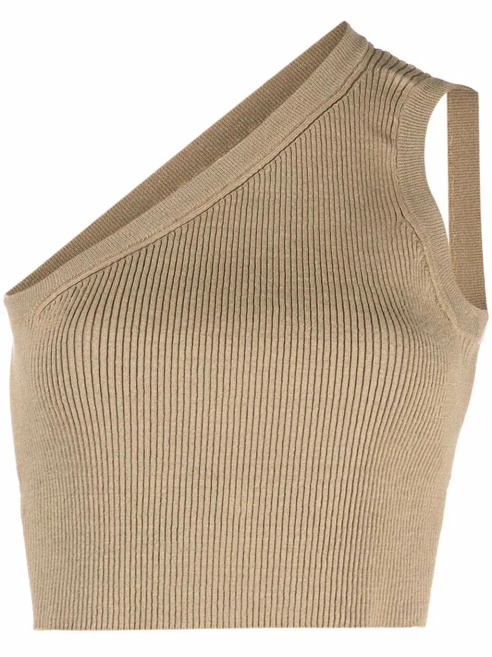 brown one-shoulder knit crop top