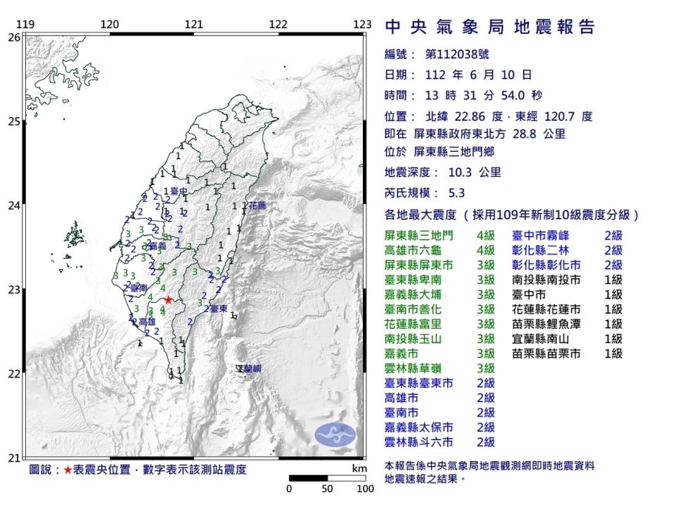 下午1時31分於屏東三地門鄉發生了規模5.3地震。   圖：中央氣象局／提供