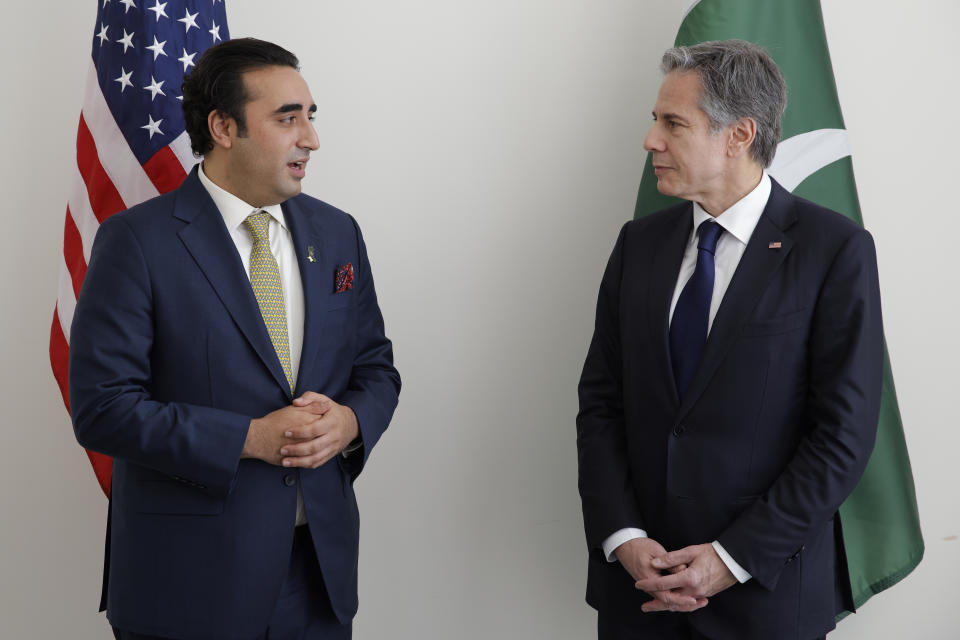 Secretary of State Antony Blinken meets with Pakistani Foreign Minister Bhutto Zardari at United Nations headquarters, Wednesday, May 18, 2022. (Eduardo Munoz/Pool photo via AP)