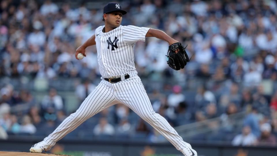 May 26, 2023;  Bronx, New York, USA;  New York Yankees starting pitcher Randy Vasquez (98) pitches against the San Diego Padres during the first inning at Yankee Stadium.