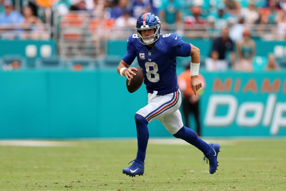 Daniel Jones was ruled out of the game against the Dolphins due to a neck injury. (Megan Briggs/Getty Images)