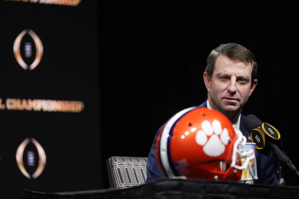 Clemson head coach Dabo Swinney speaks during a news conference for the NCAA College Football Playoff national championship game Sunday, Jan. 12, 2020, in New Orleans. Clemson is scheduled to play LSU on Monday. (AP Photo/David J. Phillip)