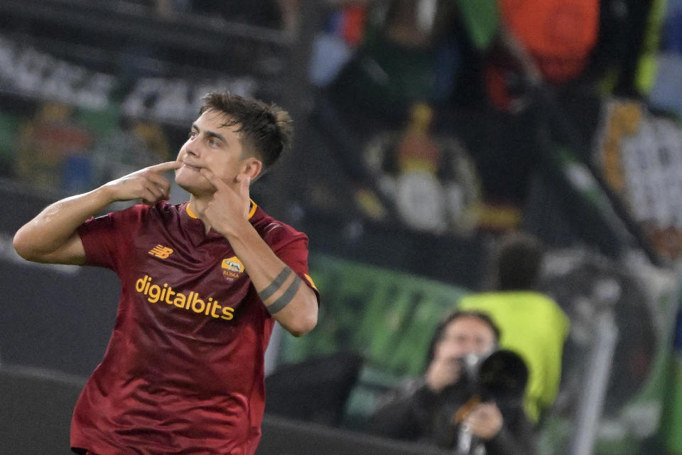 AS Roma's Paulo Dybala celebrates after scoring to 1-0 during the Europa League soccer match between AS Roma and Real Betis in Rome, Italy, Thursday, Oct. 6, 2022. (Alfredo Falcone/LaPresse via AP)