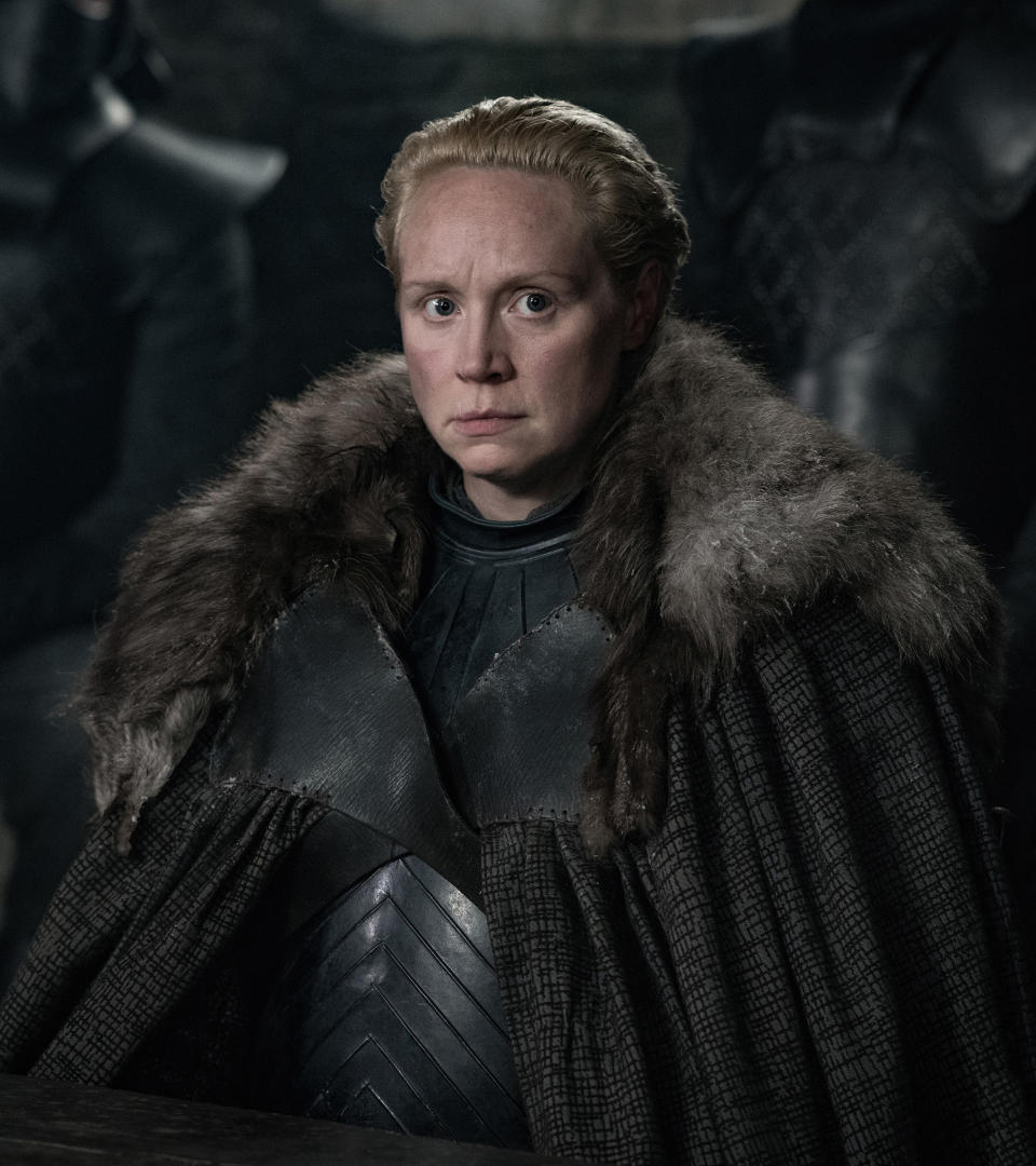 Gwendoline Christie as Brienne of Tarth in armor with a fur cloak from the show "Game of Thrones"