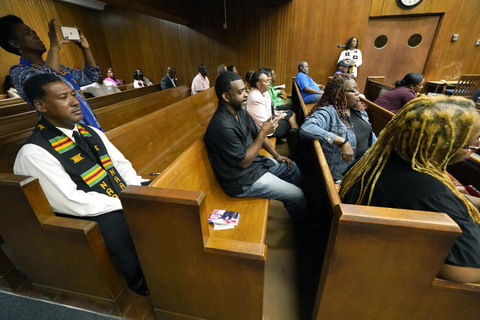 Attendees of a candidates forum for statewide offices, listen as they outline their platforms, Oct. 26, 2023, in Vicksburg, Miss. (AP Photo/Rogelio V. Solis)