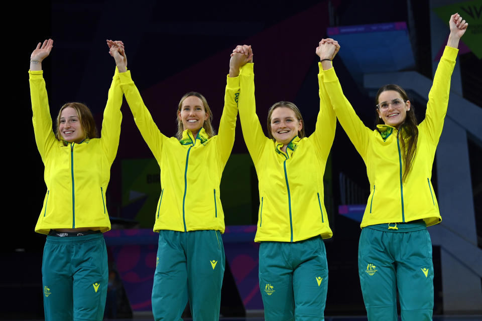 Mollie O'Callaghan, Emma McKeon, Chelsea Hodges and Kaylee McKeown, pictured here after the women's 4x100m medley relay final at the Commonwealth Games.