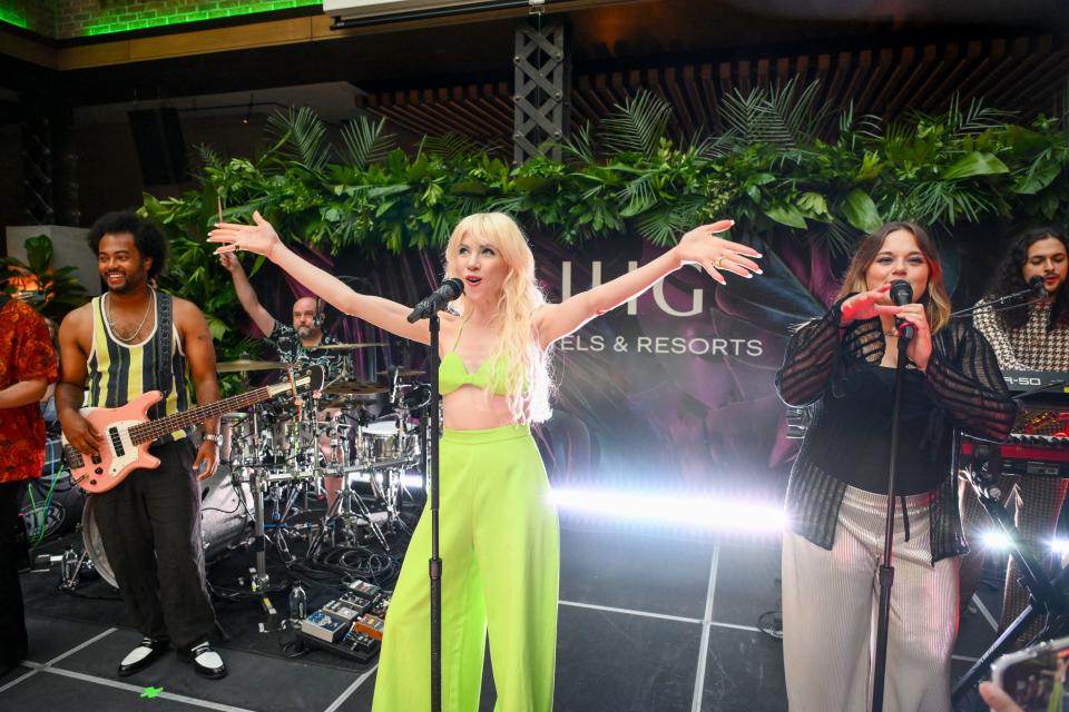 Carly Rae Jepsen performs at the IHG Hotels & Resorts®, An Official Lollapalooza Pre-Party at Boleo Rooftop at Kimpton Gray Hotel on August 02, 2023 in Chicago, Illinois.