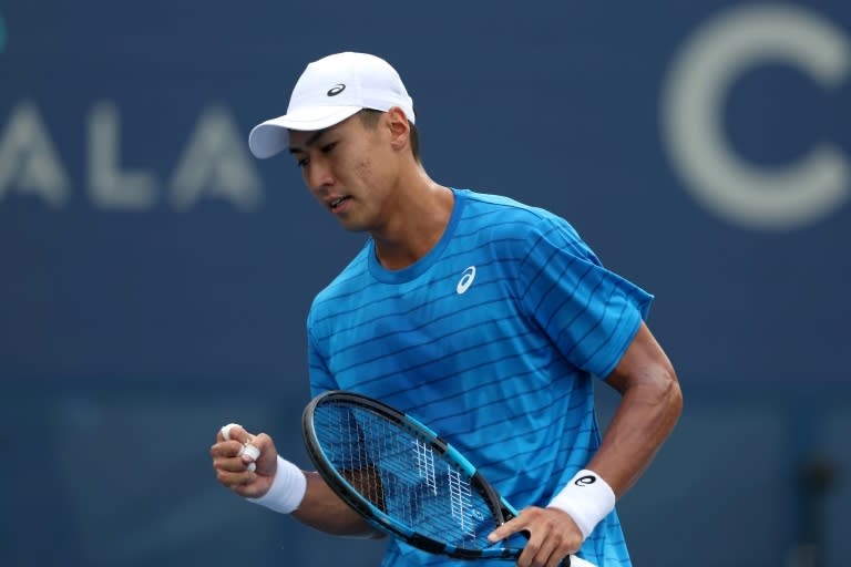 Japan's Yosuke Watanuki celebrates a point on the way to an upset win over third-seeded Canadian Felix Auger-Aliassime at the ATP hardcourt tournament in Washington (Rob Carr)