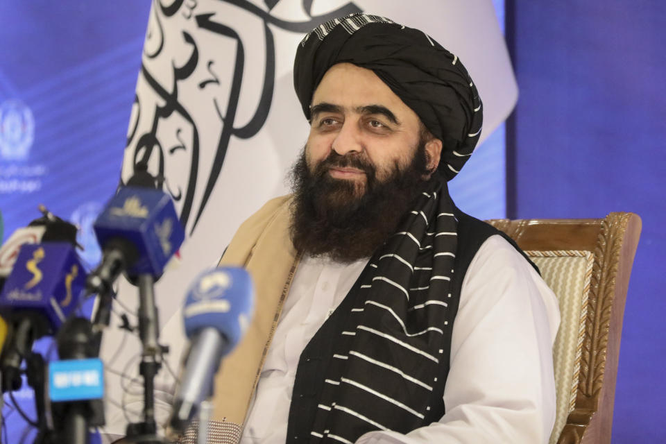 The foreign minister in Afghanistan’s new Taliban-run Cabinet, Amir Khan Muttaqi, gives a press conference in Kabul, Afghanistan, Tuesday, Sept. 14, 2021. Muttaqi said Tuesday that the government remains committed to its promises not to allow militants to use its territory to attack others. (AP Photo/Muhammad Farooq)