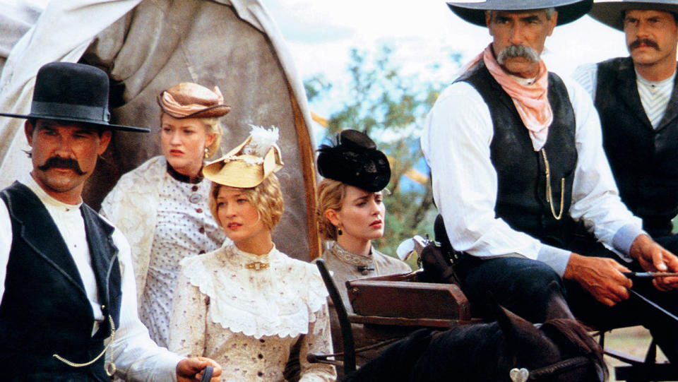 Kurt Russell, Sam Elliott (n driver's seat), Bill Paxton in TOMBSTONE, 1993.