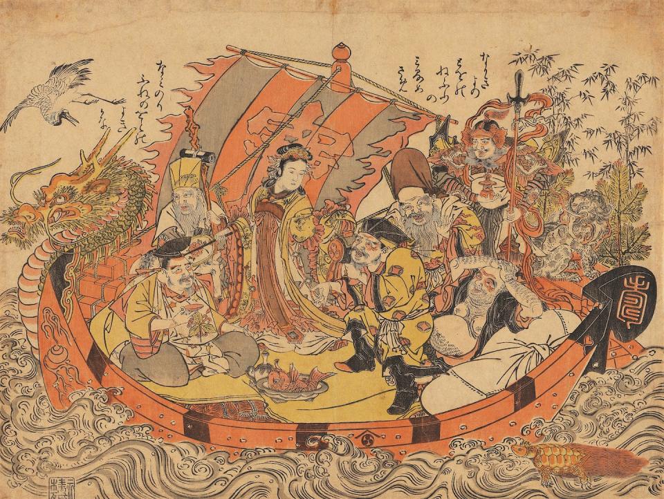 In Japanese mythology, the Seven Lucky Gods are believed to steer their treasure ship from the heavens to Earth on New Year’s Day. <a href="https://commons.wikimedia.org/wiki/File:Seven_lucky_gods._Woodblock_print_by_Kitao_Shigemasa_(CBL_J_2415).jpg" rel="nofollow noopener" target="_blank" data-ylk="slk:Print made by Kitao Shigemasa, Tokyo, 1772/1780 via Wikimedia Commons;elm:context_link;itc:0;sec:content-canvas" class="link ">Print made by Kitao Shigemasa, Tokyo, 1772/1780 via Wikimedia Commons</a>