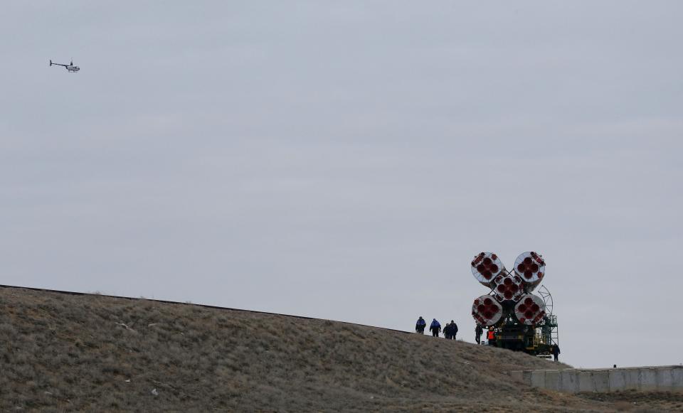 The Soyuz TMA-12M spacecraft is transported to its launch pad at the Baikonur cosmodrome