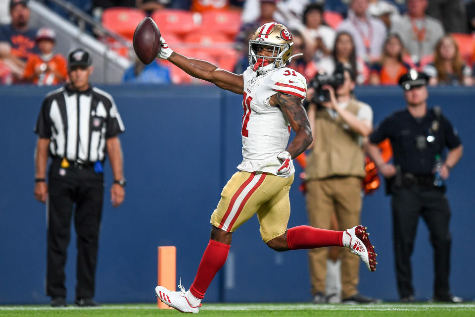 Raheem Mostert of the San Francisco 49ers paid tribute to his agent's family on Monday night. (Getty Images)