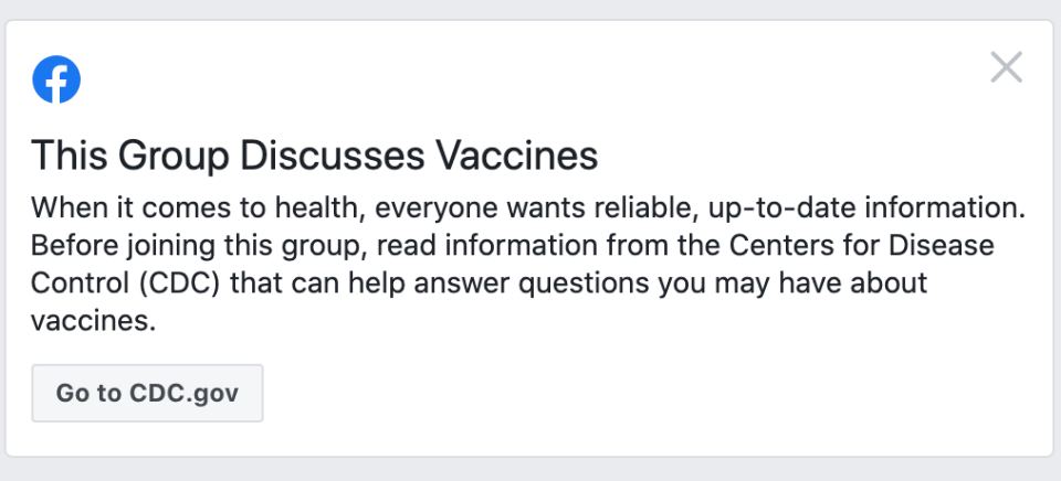 Facebook puts this at the top of any search result involving vaccines. (Screenshot: Facebook)