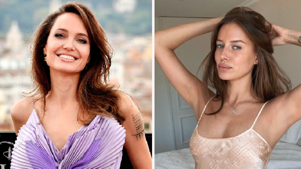 A composite image of Angelina Jolie and model Nicole Poturalski.