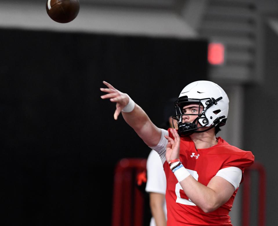 Texas Tech quarterback Behren Morton (2) delivers a pass during a recent session of spring football practice at the Sports Performance Center. Last year, Tyler Shough passed for 1,304 yards, Morton for 1,117 and both for seven touchdowns.