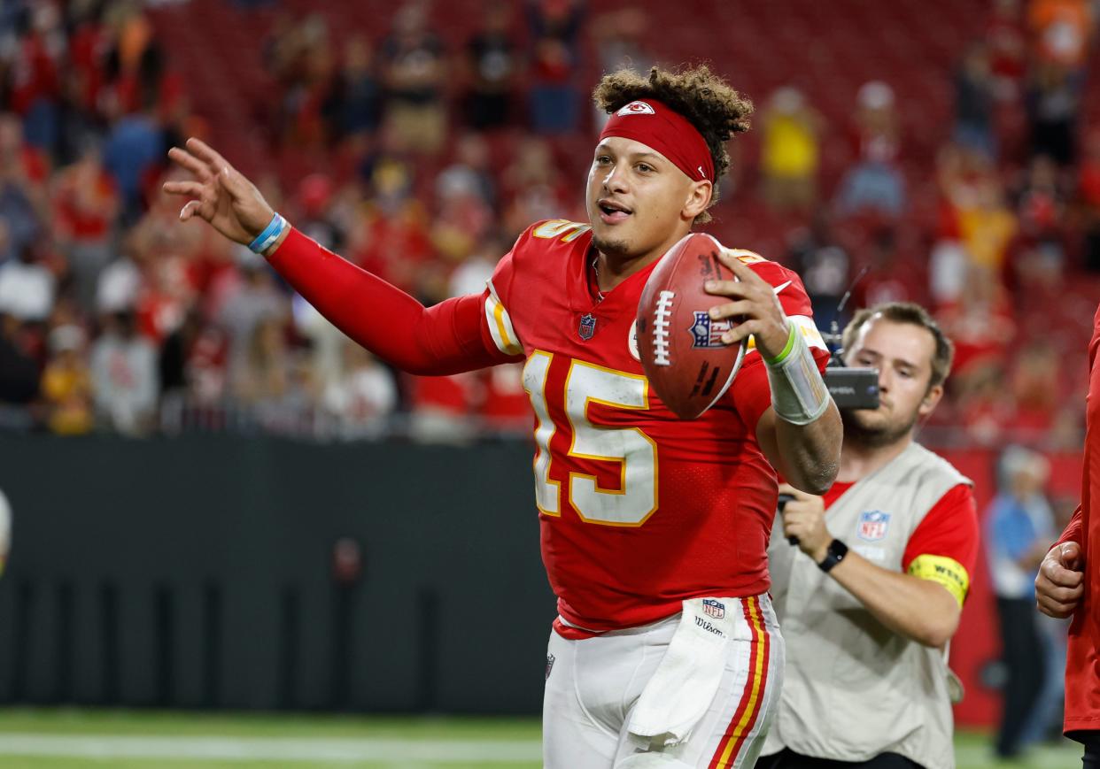 Kansas City Chiefs quarterback Patrick Mahomes celebrates after Sunday night's win over the Tampa Bay Buccaneers.