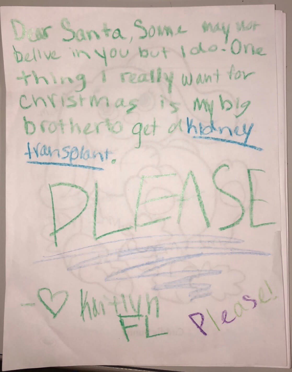 “Kaitlyn” left a letter in a Lowe’s Santa Claus mailbox, asking for a new kidney for her brother. (Photo: Lowe’s)