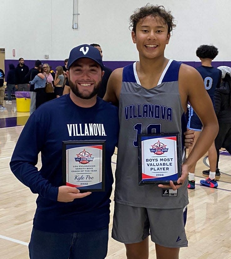 Villanova Prep head coach Kyle Poe poses with player Shaun Tuano after the Ventura County All-Star East/West Boys Basketball Game on Friday at Cal Lutheran University. Poe was presented with the Ventura County Coach of the Year Award after leading the Wildcats to their first CIF basketball title last season. Tuano was named the MVP of the boys game.