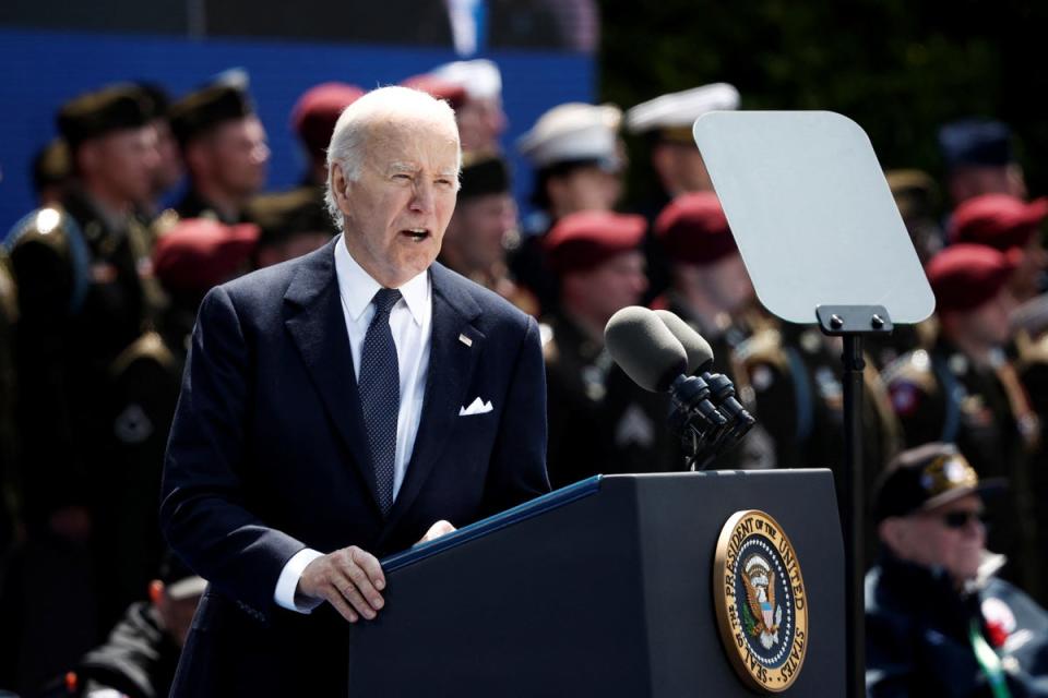 President Joe Biden attends a ceremony to mark the 80th anniversary of D-Day at the Normandy American Cemetery and Memorial in Colleville-sur-Mer, France, June 6, 2024 (REUTERS)