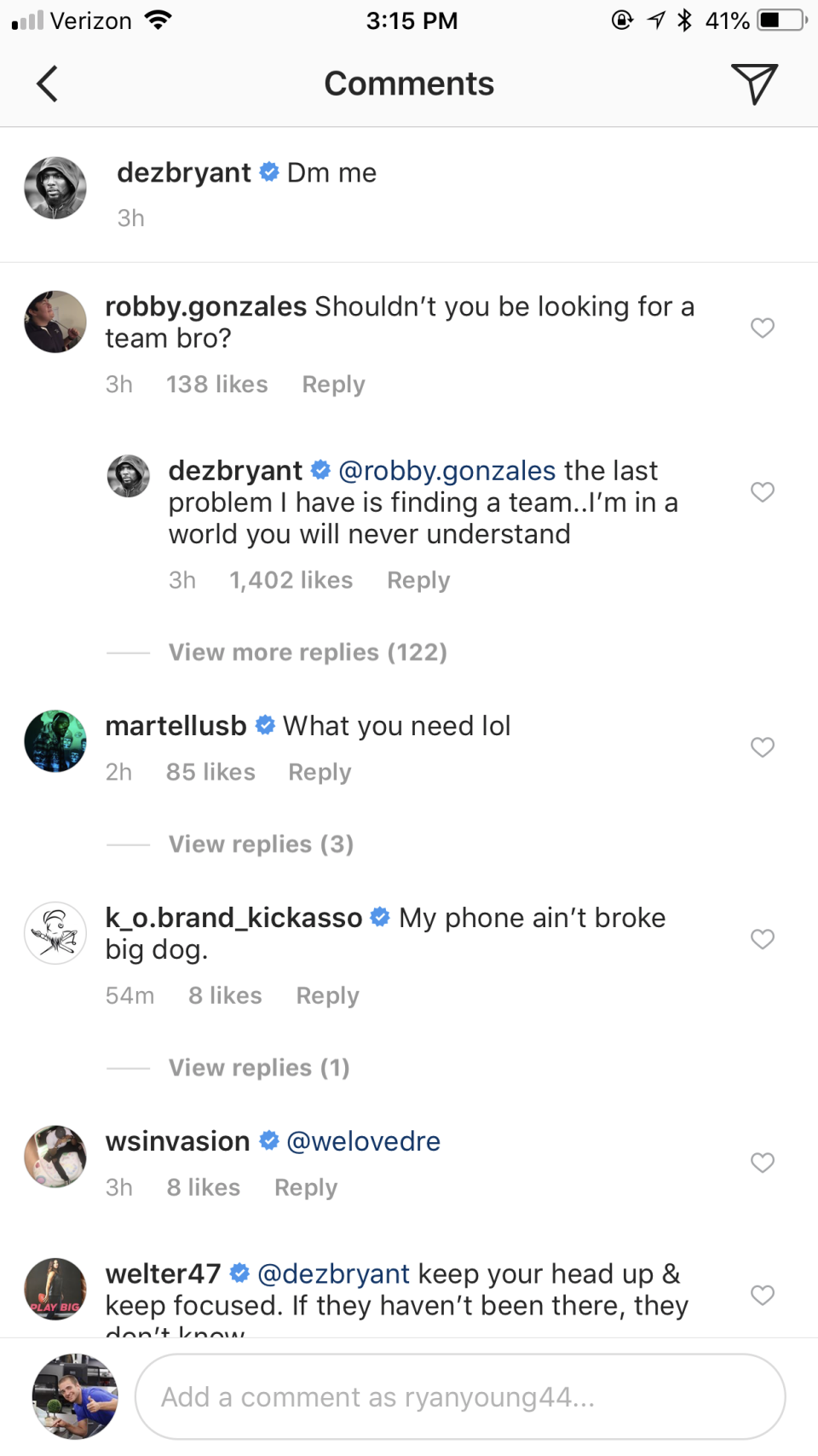 Dez Bryant said that “the last problem I have is finding a team” when replying to a user on Instagram on Thursday. (Instagram/Dez Bryant)