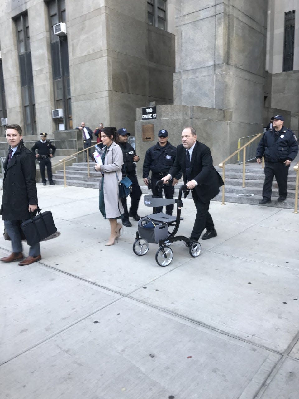 Disgraced former Hollywood film mogul Harvey Weinstein leaves New York State Supreme Court in Manhattan on Feb. 3, 2020 after listening to testimony in his trial for rape and sexual assault.  Weinstein's lawyers say he uses a walker because of recent back surgery