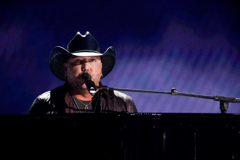 Jason Aldean performs during the 57th Academy of Country Music Awards at Allegiant Stadium in Las Vegas, Nev., Monday, March 7, 2022.