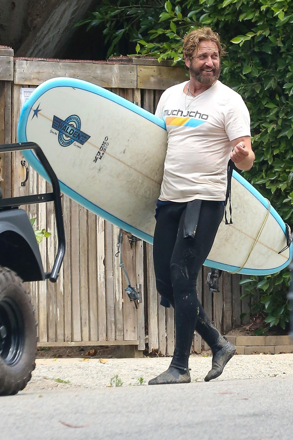 <p>Gerard Butler enjoys an early morning surf session in Malibu on Saturday.</p>