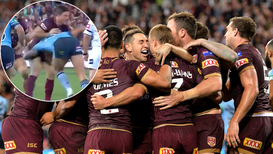 Tariq Sims tackled Ben Hunt without the ball. Pic: Getty/Nine