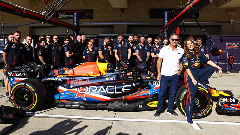 Drew Barrymore meets Red Bull Racing during previews ahead of the F1 Grand Prix of United States