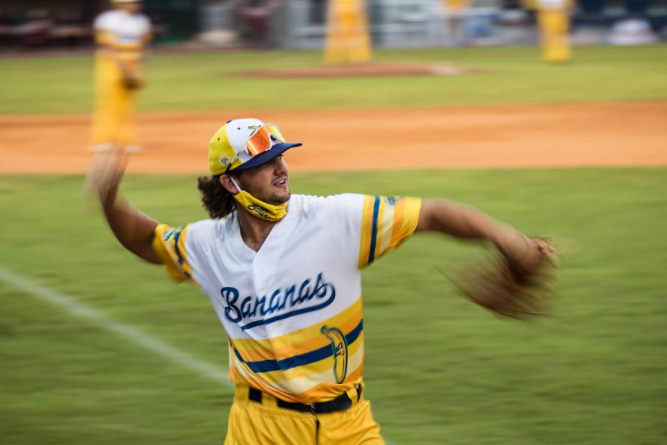 Savannah Bananas pitcher Jack Gowen tosses the ball during a game at Grayson Stadium.