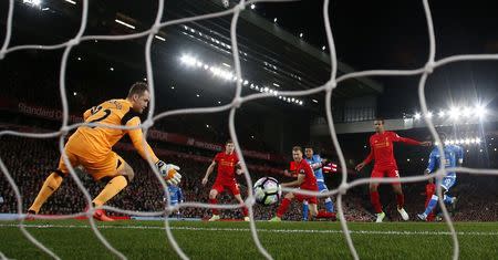 Britain Soccer Football - Liverpool v AFC Bournemouth - Premier League - Anfield - 5/4/17 Bournemouth's Joshua King scores their second goal Action Images via Reuters / Jason Cairnduff Livepic