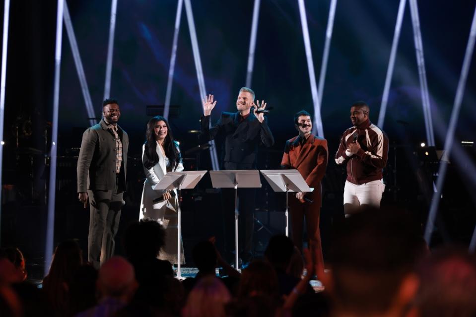 HOLLYWOOD, CALIFORNIA - FEBRUARY 08: (L-R) Kevin Olusola, Kirstin Maldonado, Scott Hoying, Mitch Grassi and Matt Sallee of Pentatonix perform onstage during A GRAMMY Salute to The Beach Boys at Dolby Theatre on February 08, 2023 in Hollywood, California. (Photo by Matt Winkelmeyer/Getty Images for The Recording Academy)