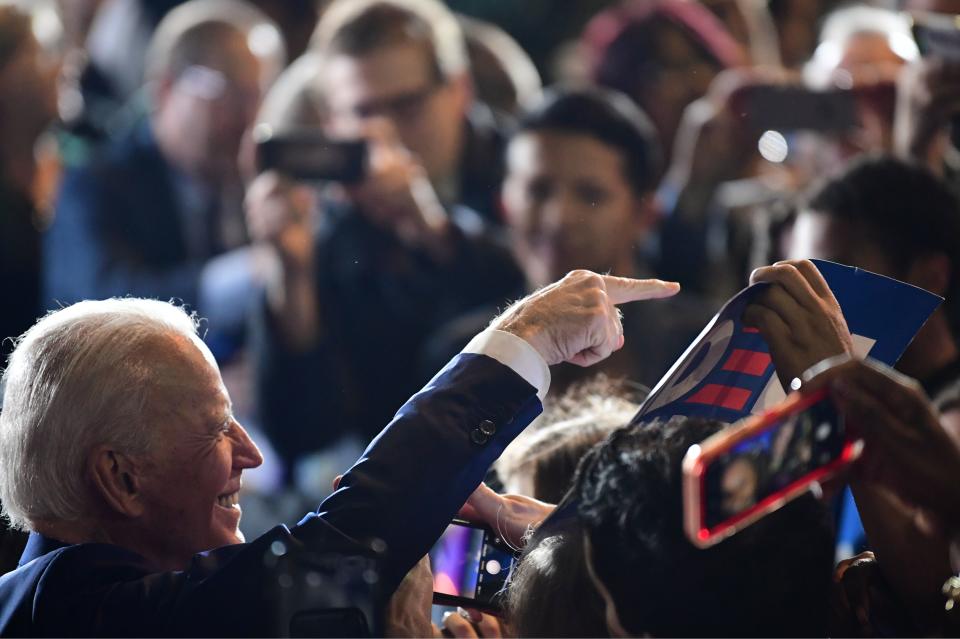 Democratic presidential hopeful former Vice President Joe Biden greets supporters after addressing a Super Tuesday event in Los Angeles on March 3, 2020. (Photo by FREDERIC J. BROWN / AFP) (Photo by FREDERIC J. BROWN/AFP via Getty Images)