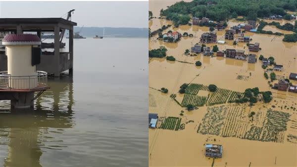 鄱陽湖近期水位暴漲，江西一帶洪災頻傳。（圖／翻攝自微博）