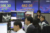 Currency traders watch monitors at the foreign exchange dealing room of the KEB Hana Bank headquarters in Seoul, South Korea, Wednesday, Jan. 22, 2020. Shares advanced in early Asian trading after a slide in U.S. stocks Tuesday as a virus outbreak in China rattled global markets. (AP Photo/Ahn Young-joon)