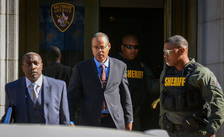 Officer Caesar Goodson leaves the courthouse following the first day of his trial in Baltimore, Maryland, U.S., June 9, 2016. REUTERS/Bryan Woolston