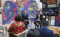 Secretary of State Antony Blinken takes part in a meeting with youth leaders in Bogota, Colombia, Thursday, Oct. 21, 2021. (Luisa Gonzalez/Pool via AP)
