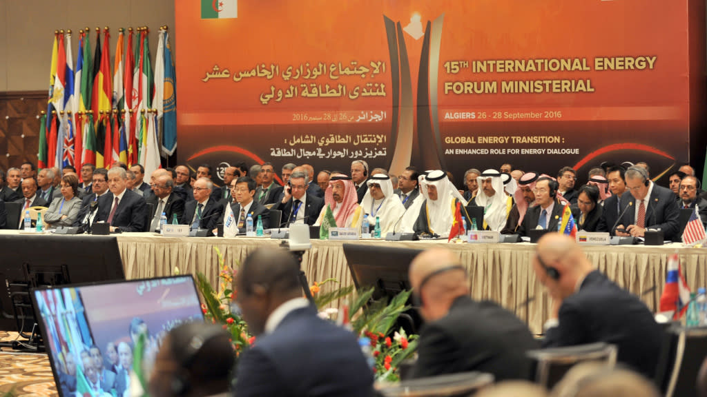 Energy ministers from OPEC and other oil-producing countries attend the opening session of the15th International Energy Forum Ministerial meeting in Algiers, Algeria, Tuesday, Sept. 27, 2016. At meetings in Algeria this week, energy ministers from OPEC and other oil-producing countries are discussing whether to freeze production levels to boost global oil prices. (AP Photo/ Sidali Djarboub)