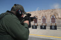 <p>A U.S. Border Patrol trainee fires his M-4 rifle during a weapons training class at the U.S. Border Patrol Academy on August 3, 2017 in Artesia, New Mexico. N.M. (Photo: John Moore/Getty Images) </p>