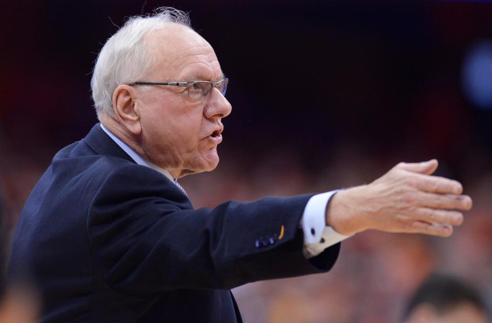 Feb 23, 2019; Syracuse, NY, USA; Syracuse Orange head coach Jim Boeheim argues a call in the first half against the Duke Blue Devils at the Carrier Dome. Mandatory Credit: Mark Konezny-USA TODAY Sports