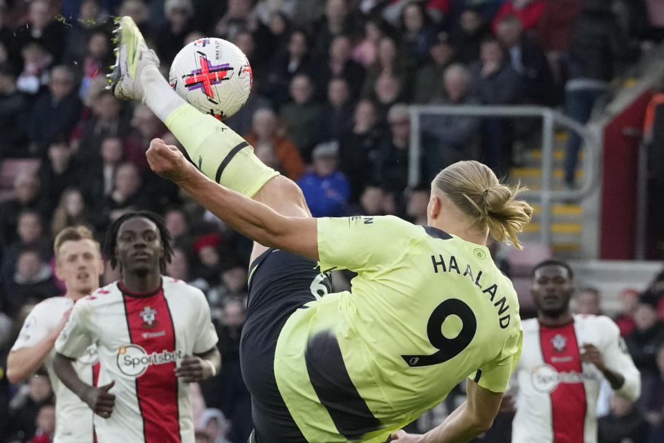 Manchester City's Erling Haaland scores his side's third goal during the English Premier League soccer match between Southampton and Manchester City at St Mary's Stadium in Southampton, England, Saturday, April 8, 2023. (AP Photo/Frank Augstein)