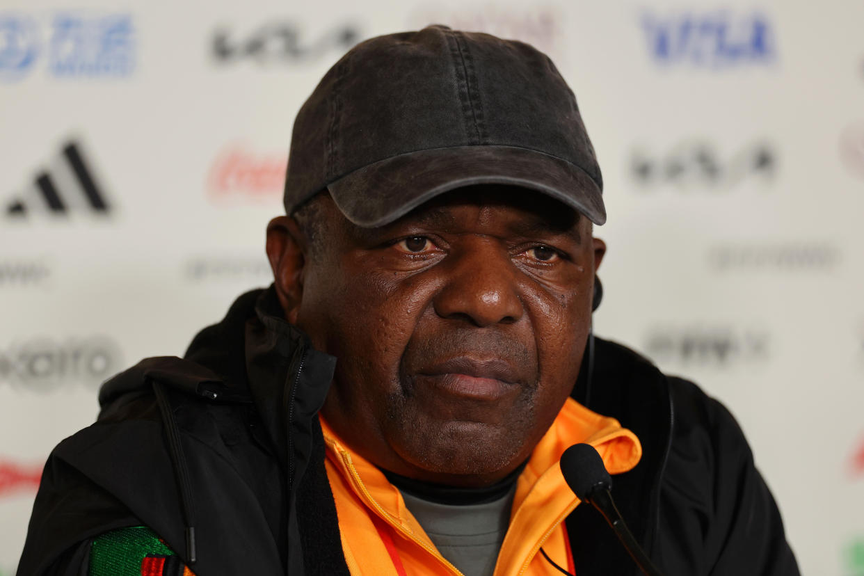 HAMILTON, NEW ZEALAND - JULY 31: Bruce Mwape, Head Coach of Zambia, speaks to the media in the post match press conference after the team's victory during the FIFA Women's World Cup Australia & New Zealand 2023 Group C match between Costa Rica and Zambia at Waikato Stadium on July 31, 2023 in Hamilton / Kirikiriroa, New Zealand. (Photo by Jan Kruger - FIFA/FIFA via Getty Images)