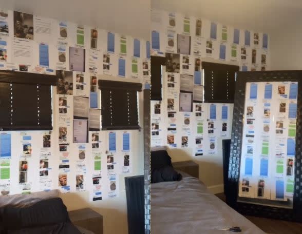  男友的房間整面牆都被貼上「曖昧截圖壁紙」，就連鏡子也沒放過。（圖／翻攝自lovetruthink抖音）