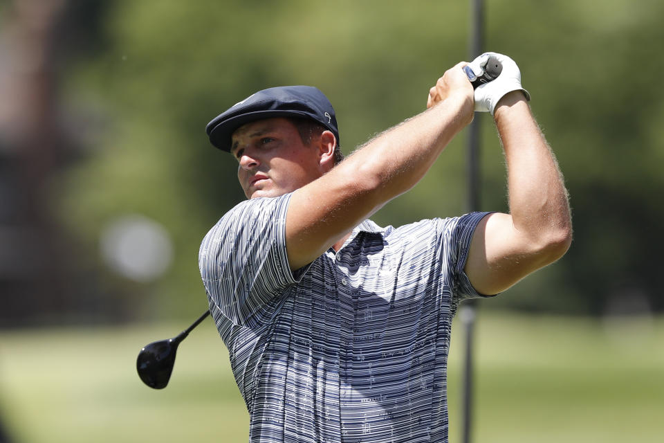 Bryson DeChambeau drives on the second tee during the third round of the Rocket Mortgage Classic golf tournament, Saturday, July 4, 2020, at the Detroit Golf Club in Detroit. (AP Photo/Carlos Osorio)