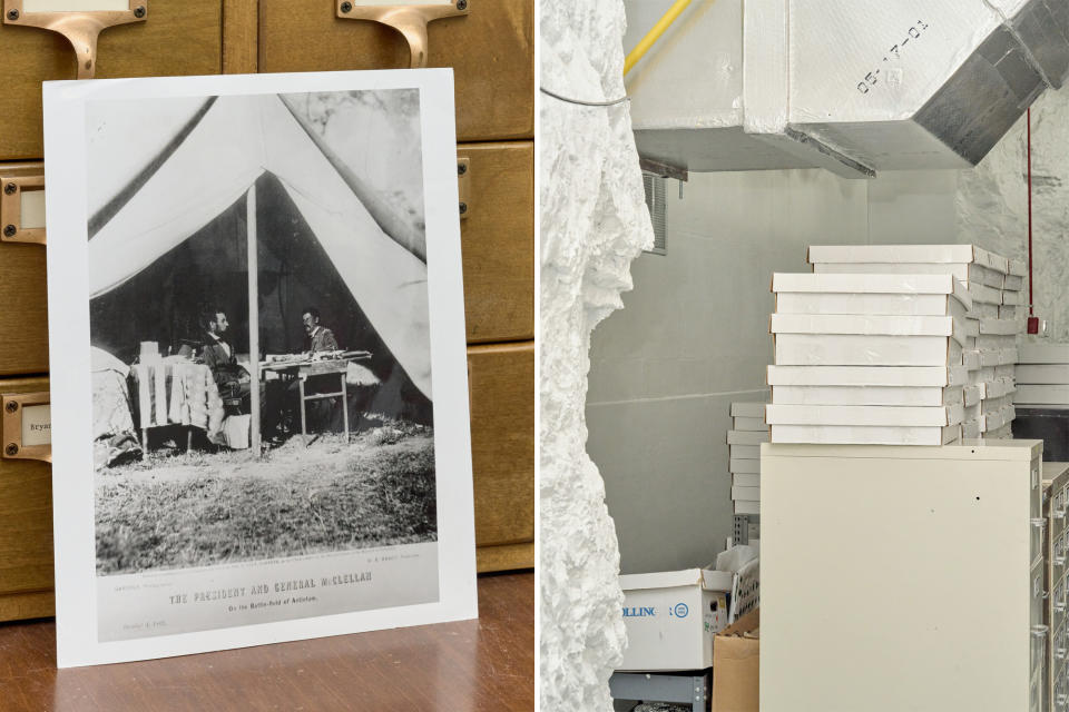 Left: An image of then–US president Abraham Lincoln and Gen. George B. McClellan in 1862. Right: Part of the archives and its limestone walls.