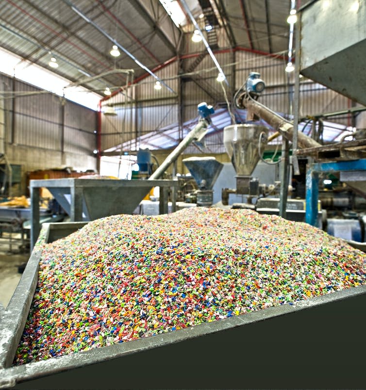 <span class="caption">Conventional recycling just breaks plastic into small pellets.</span> <span class="attribution"><a class="link " href="https://www.shutterstock.com/image-photo/plastic-recycling-plant-656834734" rel="nofollow noopener" target="_blank" data-ylk="slk:ImagineStock/Shutterstock;elm:context_link;itc:0;sec:content-canvas">ImagineStock/Shutterstock</a></span>