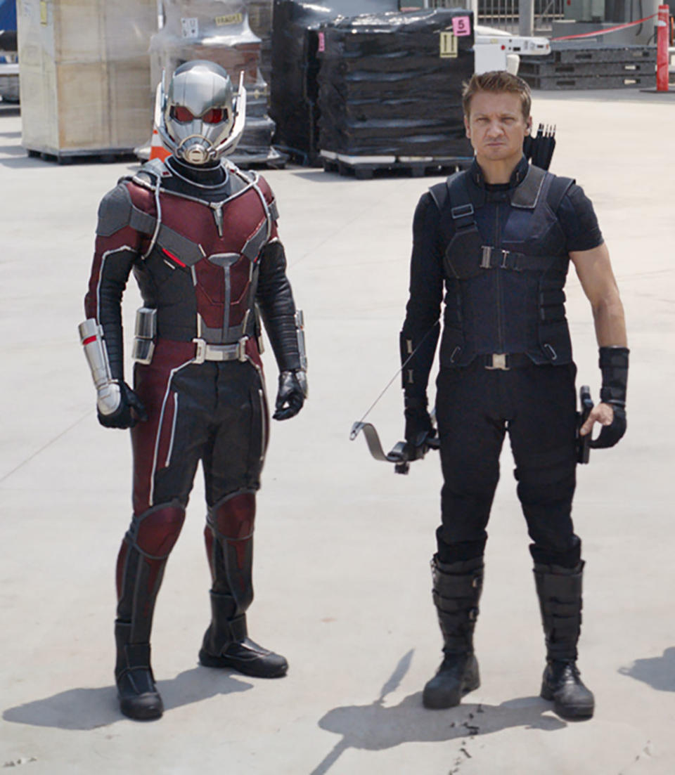 Paul Rudd and Jeremy Renner on duty as Ant-Man and Hawkeye in Captain America: Civil War (Disney)